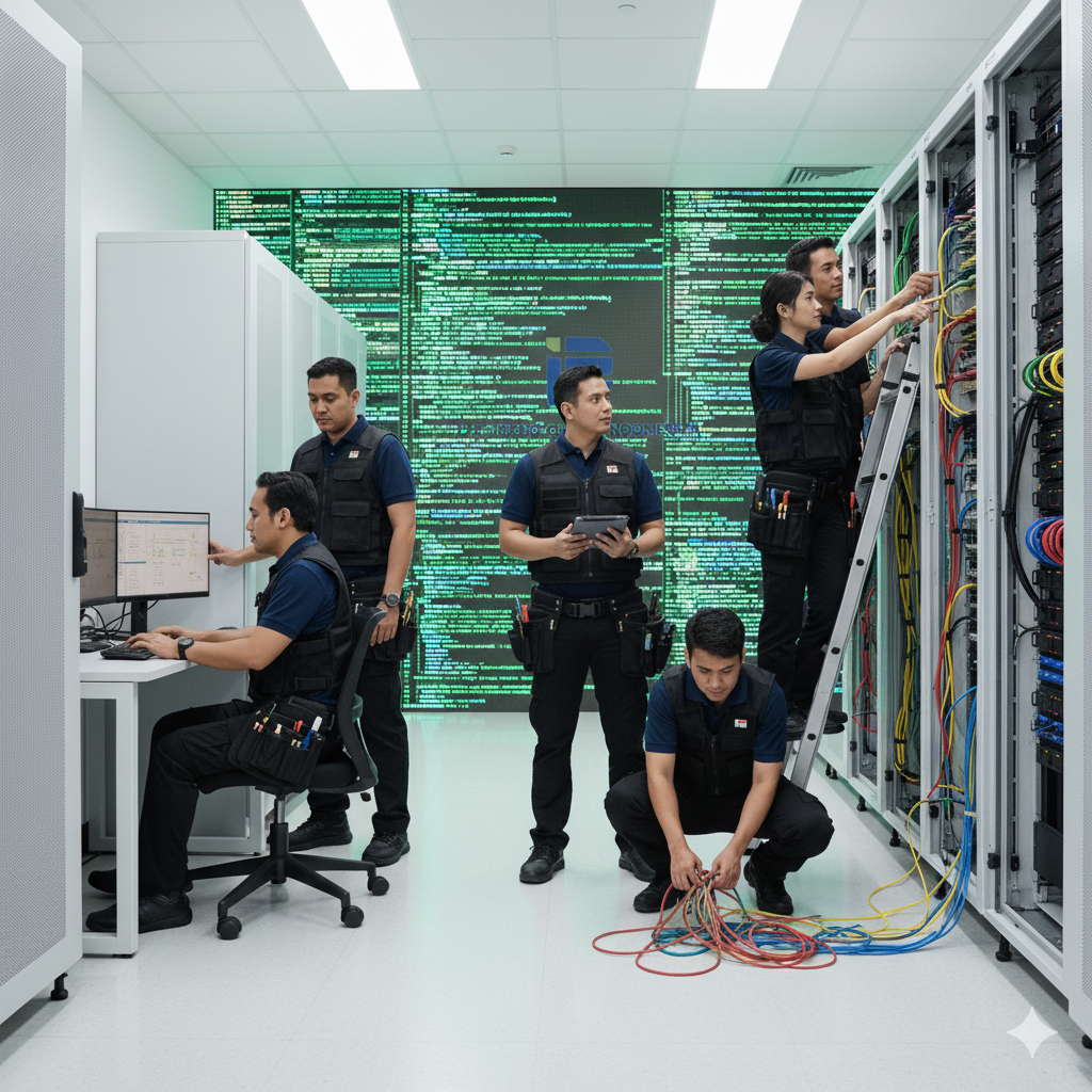 Teknisi IT Support dengan peralatan teknologi canggih sedang membantu pengguna menyelesaikan masalah komputer dan jaringan